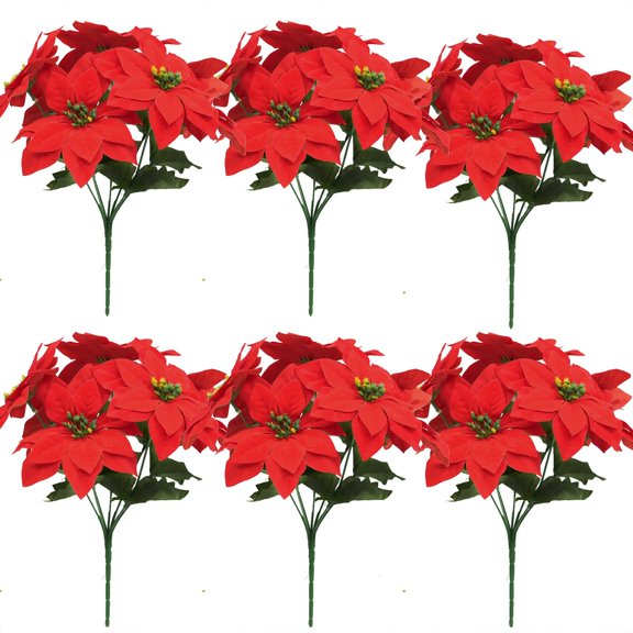 Jinswick 6 Pack Christmas Artificial Poinsettia Flowers Plastic Floral Bouquet 7 Head Silk Red Shrub Fake Flowers Arrangement for Winter Indoor Outdoor Home Porch Xmas Holiday Decor