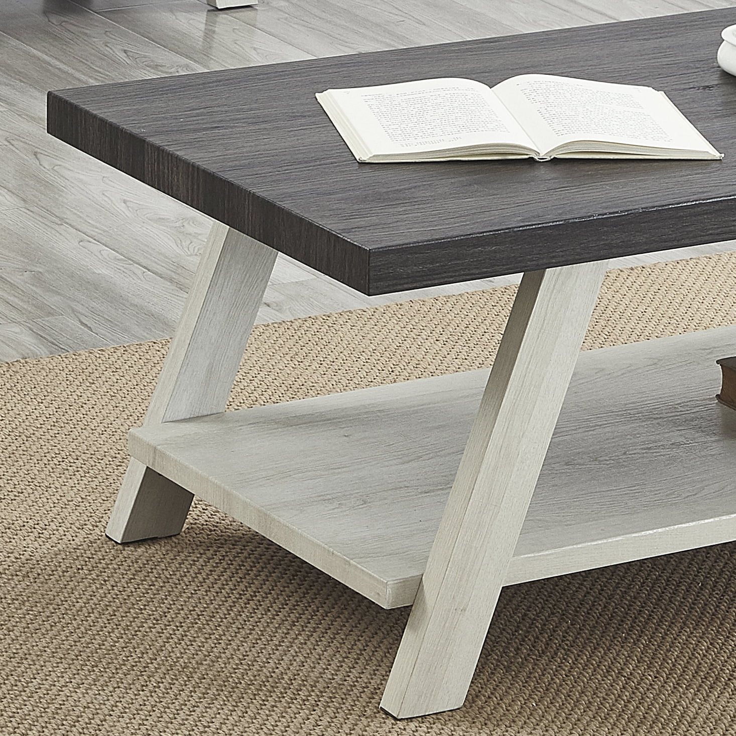 Roundhill Furniture Athens Wood Coffee Table with Shelf Weathered Charcoal/Beige