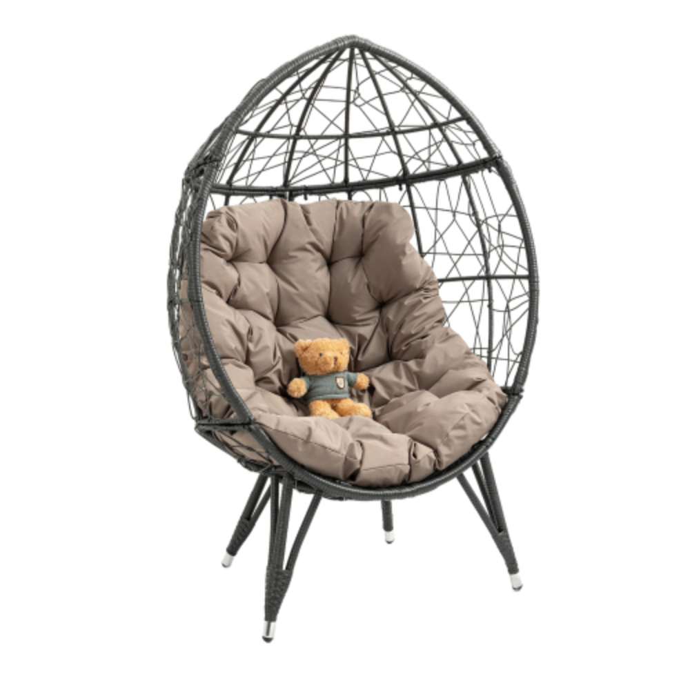 Outdoor Patio Wicker Egg Chair Indoor Basket Wicker Chair with Khaki Cusion for Backyard