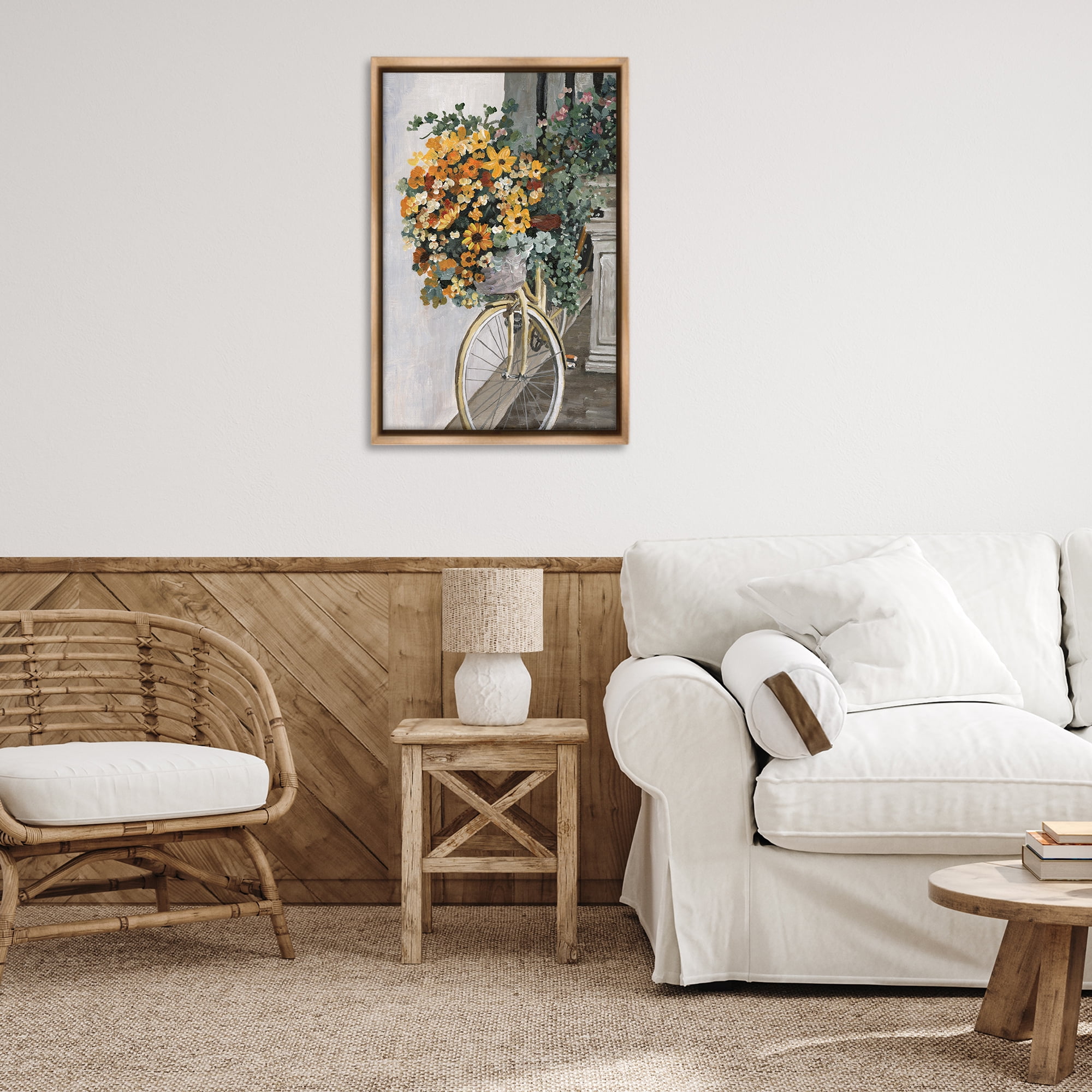 Stupell Industries Bouquet on Bicycle Botanical & Floral Painting Brown Floater Framed Art Print Wall Art, 21 x 31
