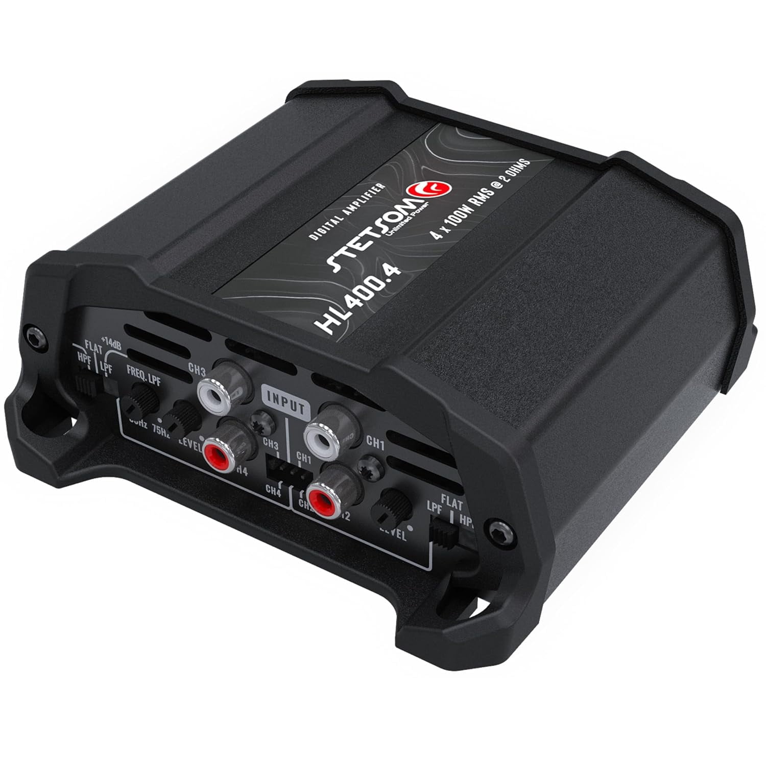 Stetsom HL 400x4 2 Ohms - Compact Digital 4 Channel Amplifier, 400W RMS 400x4, Full Range, High Input, Bass Boost Gain + 14db (Variable Adjustment 30-75hz), Multichannel, Digital Sound, Crossover