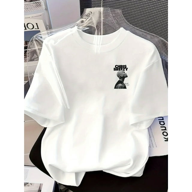 Halloween T-shirt Women's Chris Breezy Printed T-Shirt - White Crew Neck Casual Street Top, Essential for Concerts Festivals - Machine Washable Durable Printed Shirt, Women's T-Shirt, Concert Apparel