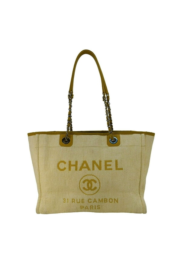 Pre-Owned CHANEL Deauville Straw Raffia Tote Bag Yellow