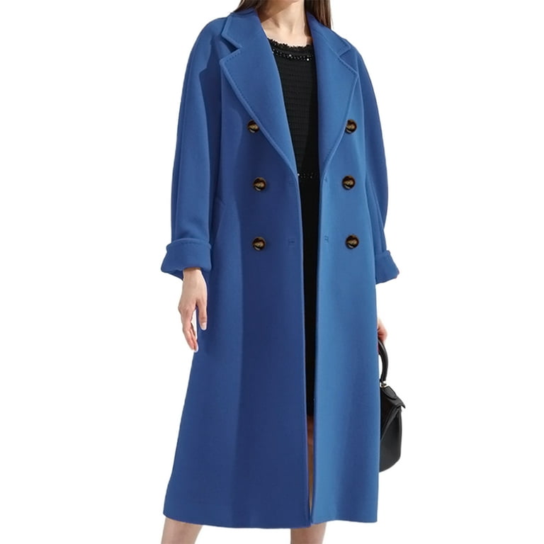 Grianlook Women Loose Double Breasted Trench Coats Long Sleeve Notch Lapel  Overcoats Travel Solid Color Wool Pea Coat Blue XL