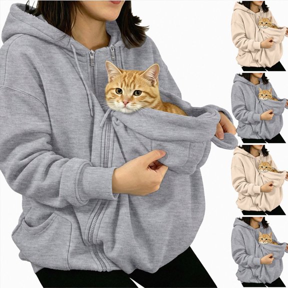 UOCUFY Pet Pouch Hoodies Women Fleece Zip Up Jacket with Large Pockets Grey,Size 3XL