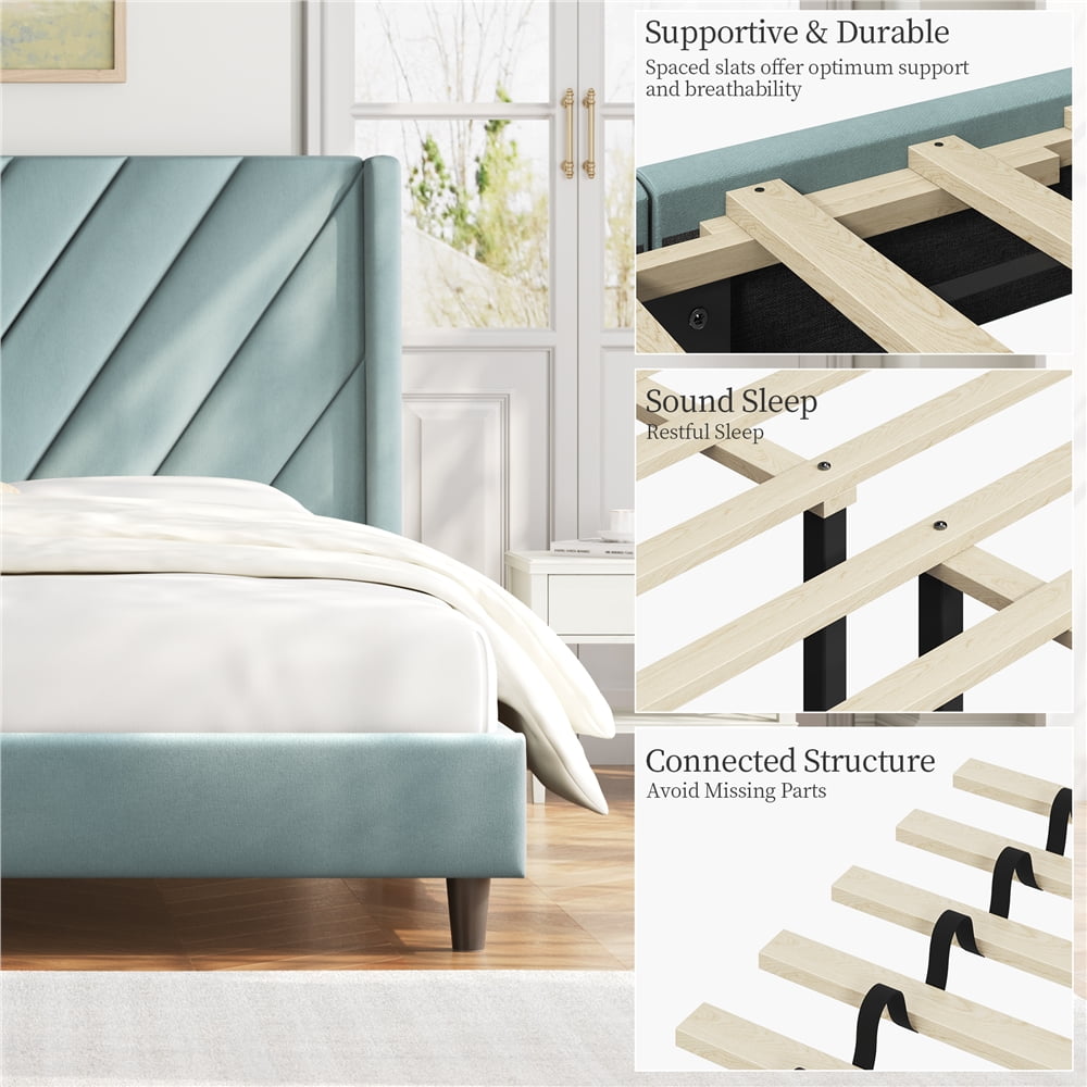 Yaheetech Upholstered Platform Bed with Wooden Slat Support and Tufted Headboard, Queen, Blue Lake