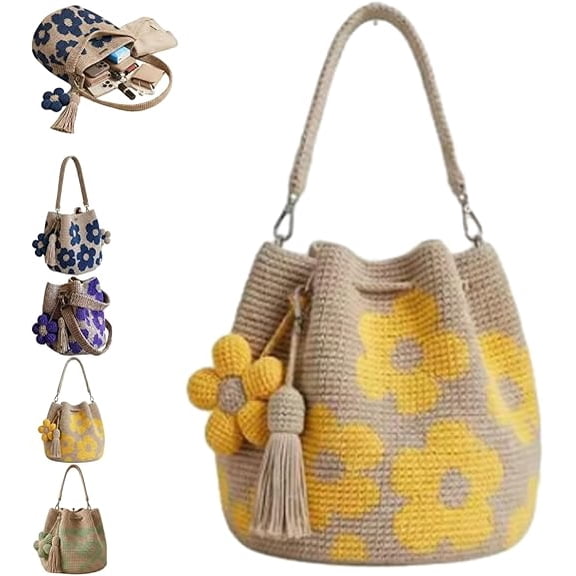 Handmade Crochet Flower Tote, Crochet Handbags for Women, Boho Beach Handbags Crossbody Shoulder Bag(Yellow)