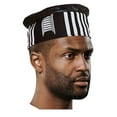 thumbnail image 3 of Black and White African Hand Woven Kente Kufi Hat with Faux Leather, 3 of 6