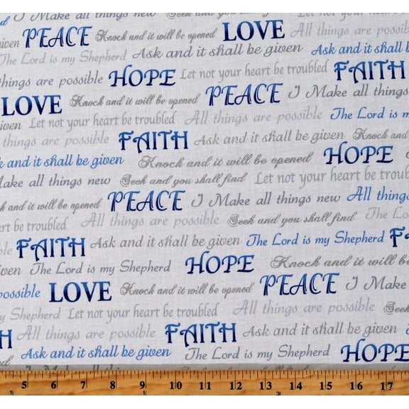 Cotton Faith Hope and Love Scripture Words Phrases White Cotton Fabric Print by the Yard (33428M)