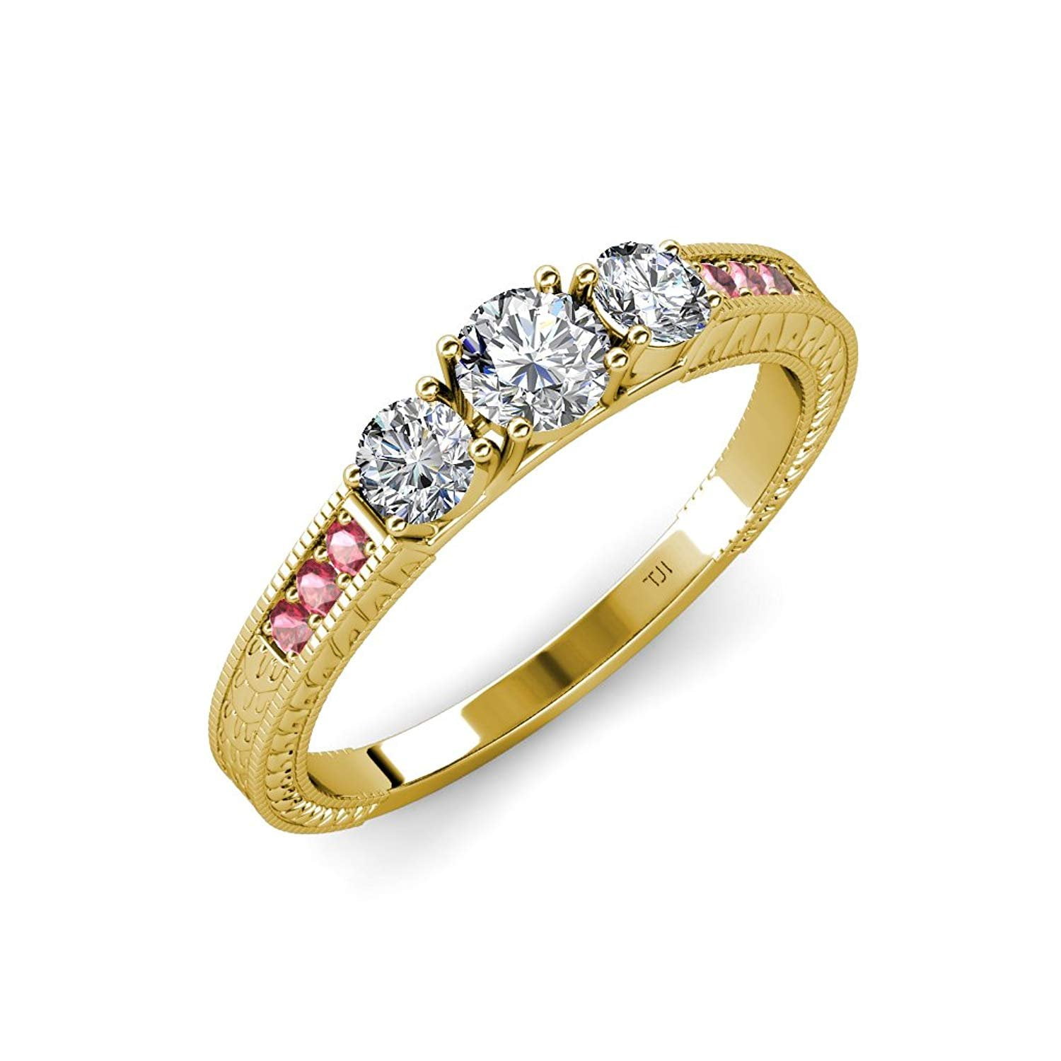Diamond Milgrain Three Stone Ring with Pink Tourmaline on Side Bar 0.85 ct tw in 14K Yellow Gold.size 8.0 by TriJewels