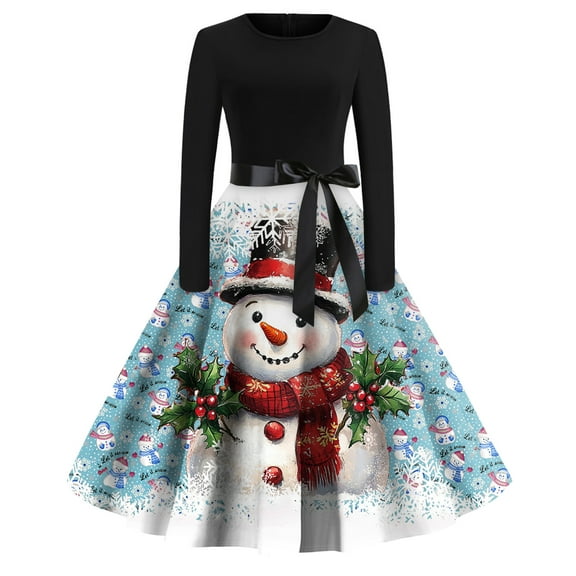 Christmas Dresses for Women Christmas Print Flare Dress For Women Long Sleeve Dress Hollow Party Casual Dresses with Round Neck for Christmas Party,Blue,L