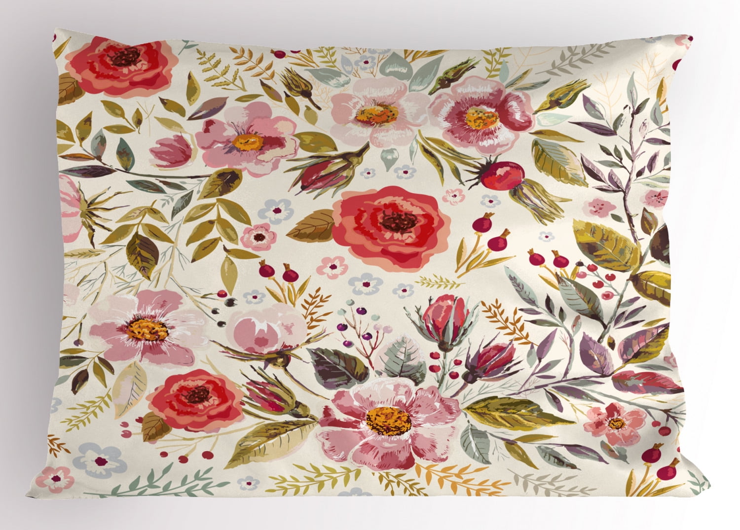 Floral Pillow Sham Hand Drawn Watercolor Style Flowers Roses Blooms