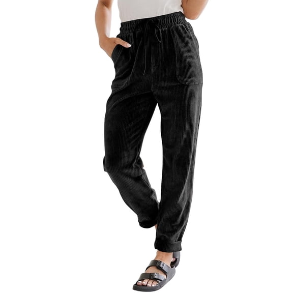 JAJAHO Corduroy Pants For Women High Waist Elastic Drawstring Straight Leg Loose Pants With Pockets Stylish Trousers