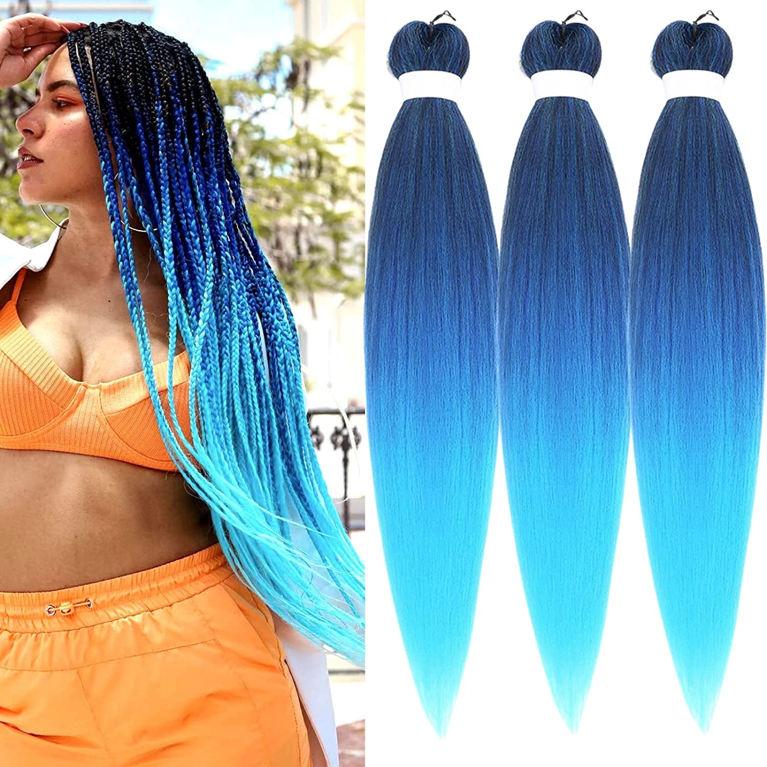 Ombre Blue Braiding Hair Pre stretched Box Braid Kanekalon Braiding