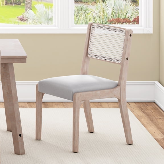 LifeSky Wood Dining Chairs Set of 2: Modern Farmhouse Accent Chairs with 300lbs Support & 4.5" Thick Cushion - Natural Rubberwood Frame & Rattan Back for Kitchen Dining Room & Home Office