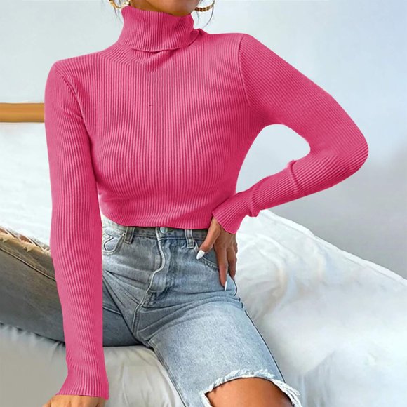 Walmart+ Week Aqestyerly Ladies' High-Neck Sweaters Fashion Women Solid Long Sleeve Pullove Turtleneck-Neck Casual Sweater Tops HWRETIE