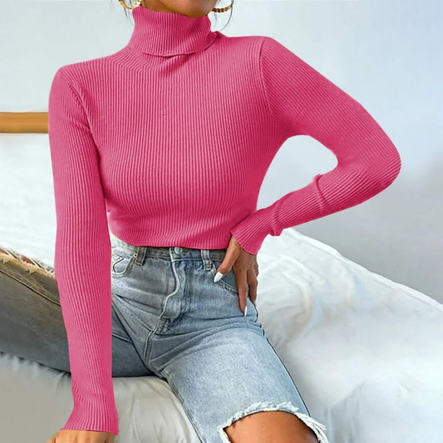CFLVAEK Turtle Neck Sweaters for Women Lightweight Ribbed Knit Sweater Solid Color Slimming Shirts Casual Long Sleeve Fall Pullover Tops Hot Pink S