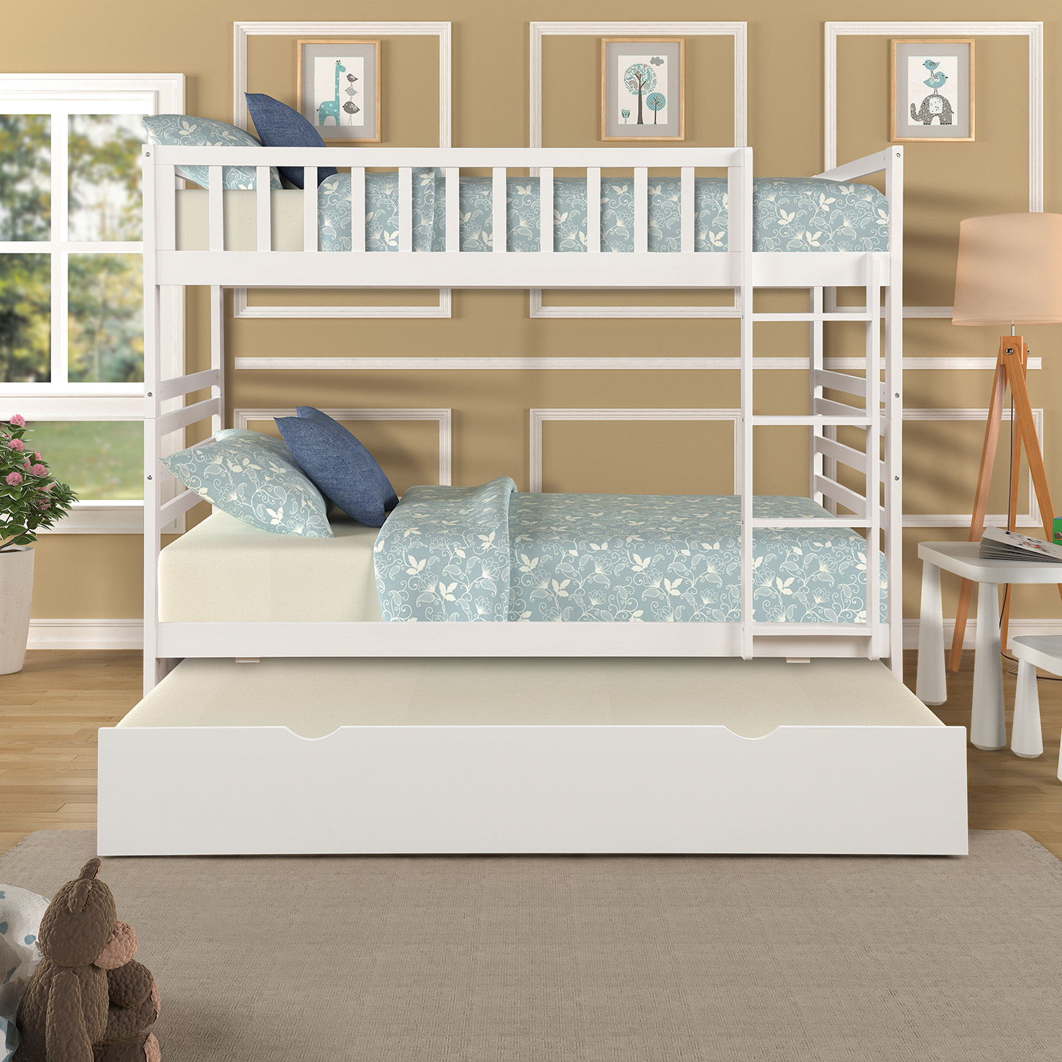 JUMPER Twin Over Twin Bunk Bed Wood Frame Bunk Bed w/ Safety Rail