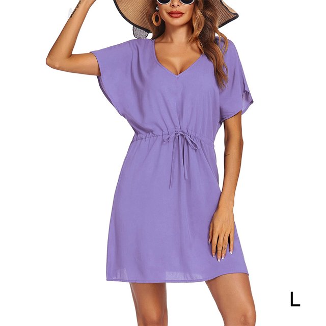 Robes à Col en V pour Femmes Mode S-TTG Manches Courtes Robe de Plage au-Dessus du Genou Couleur Unie Robe d'Été Mode Urbaine Violet L
