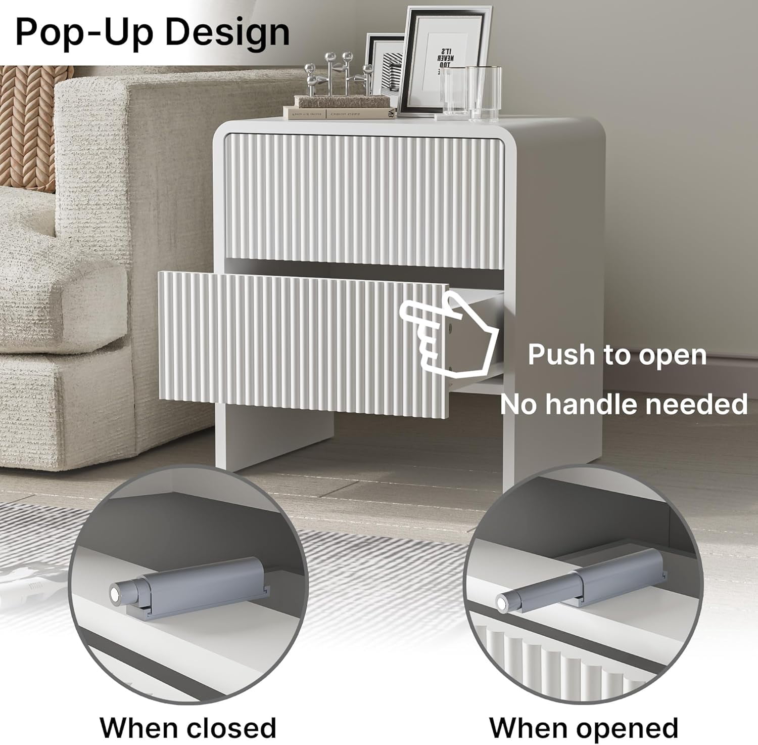 FURNIWAY Set of 2 Curved Nightstand with 2 Drawers, Wooden Bedside Table with Pop-up Design, Modern End Table for Bedroom, Living Room, White