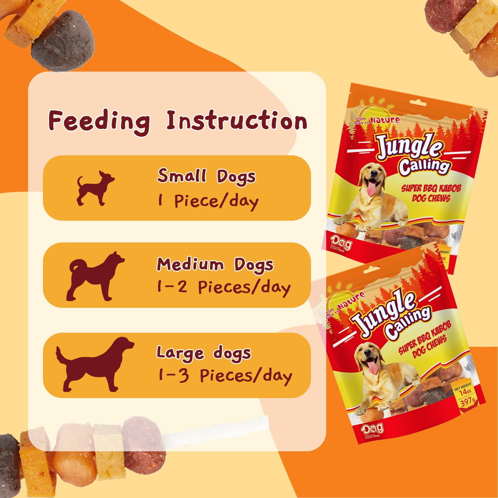 (3 pack) Jungle Calling Chicken, Duck, Beef, Sweet Potato & Pumpkin Rawhide Kabob Dog Treats, 14-oz bag