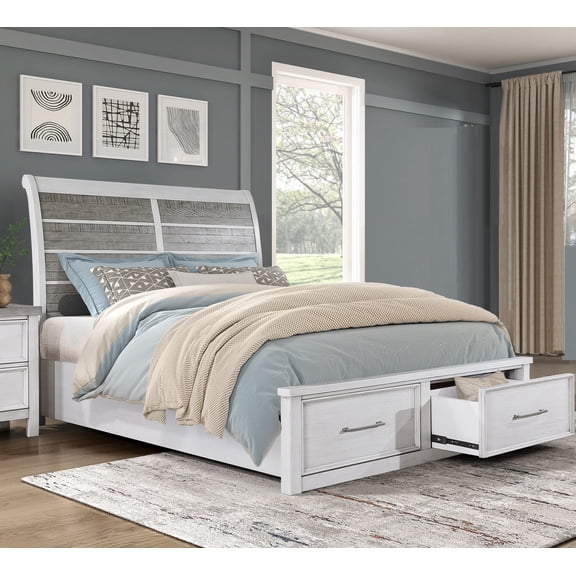 Bed Frame Antique White and Gray Finish Queen Platform Bed with Footboard Storage Classic Design Wooden Furniture 1pc