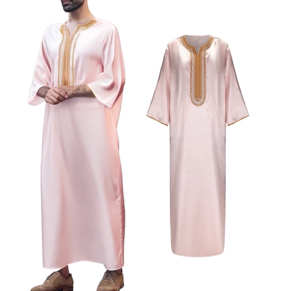 Mens Muslim Thobe Long Sleeve Embroidered Kaftan Thobe Pink Thobe Eid Clothes Mens Robes