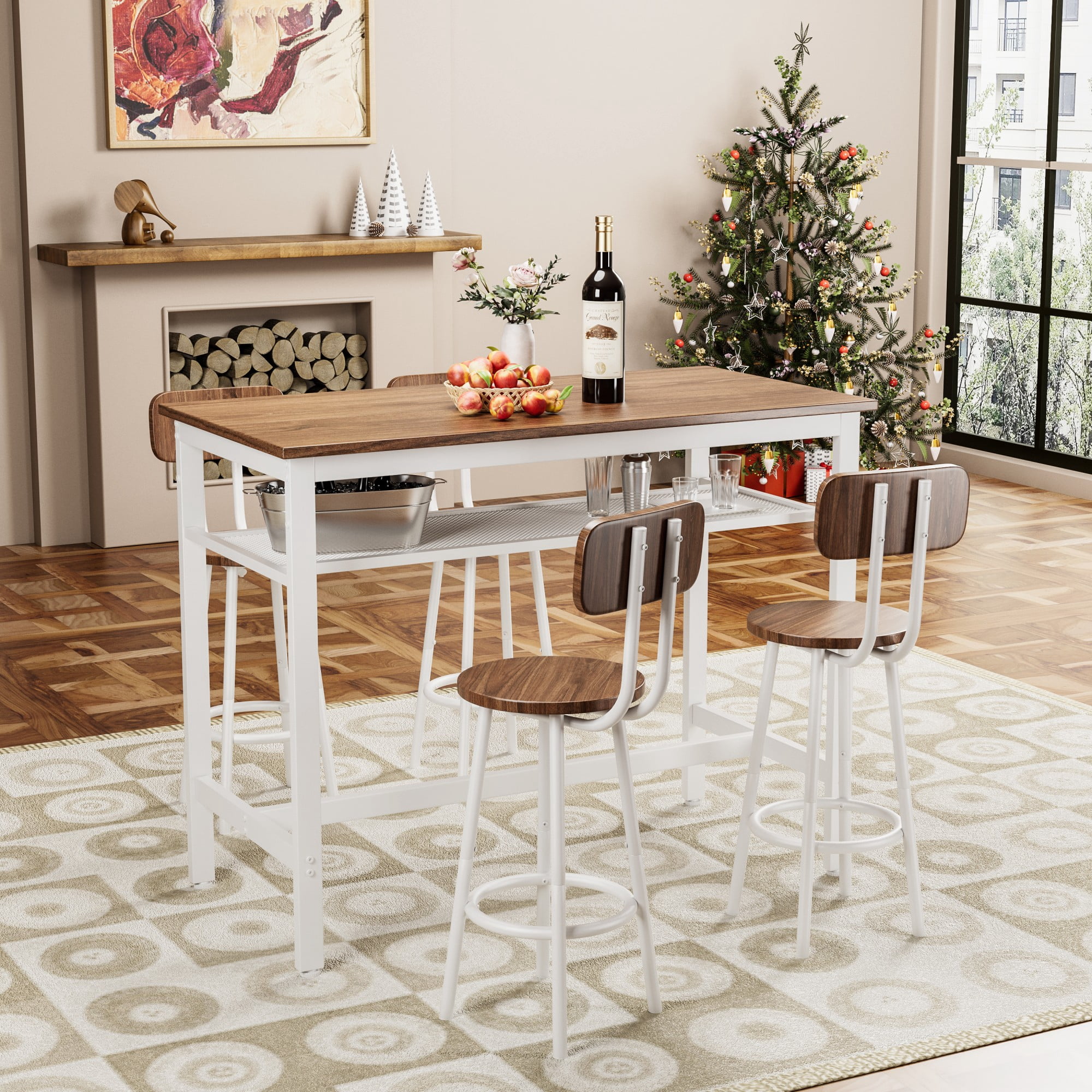 Aukfa 5-Piece Bar Table Set with Metal Shelf, Counter Height Dining Table & 4 Stools, Space-Saving Kitchen Pub Set for Small Spaces, Walnut - Industrial Style