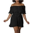 thumbnail image 2 of Women Boho off Shoulder Romper Flowy Tie Waist Flared Pleated Short Jumpsuit Elegant Strapless Wide Leg Party Playsuit, Black, L, 2 of 5