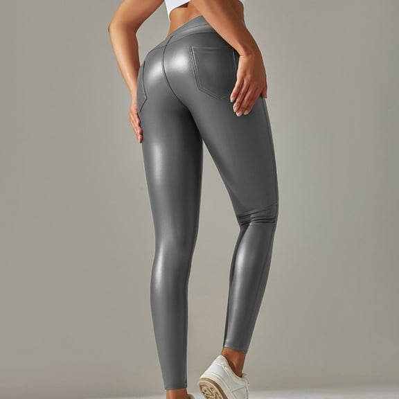 EchfiProm Leggings for Women Elastic Waist 2023 Winter Faux Leather High-waisted Tights Stretchy Sports Stylish Legging