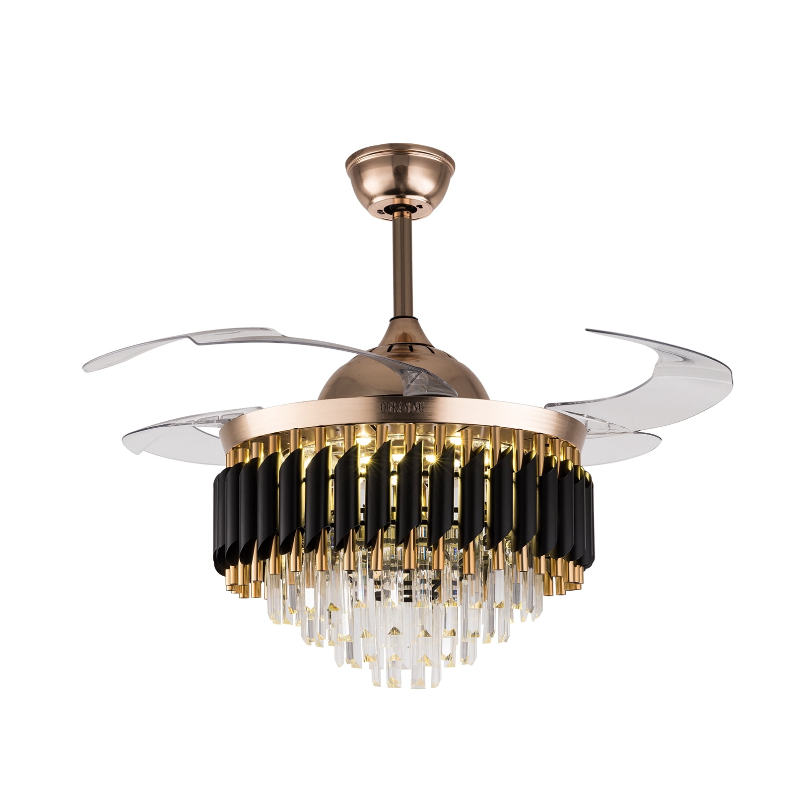 42 inch Modern Crystal Ceiling Fan with Light and Remote, Luxury 4-Blades Indoor Retractable LED Chandelier Ceiling Light Fixture for Living Room Bedroom Black and Gold