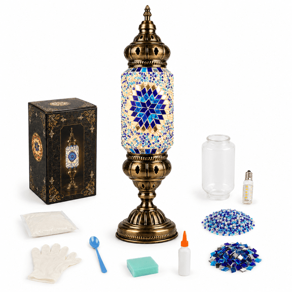 MEHOOM DIY Mosaic Lamp Kit, Turkish Crafts Kit for Adults, Luxury Moroccan-style Decor, Table Lamp for Bedroom Ambiance, Perfect Gift for Her or Him (Serenity Blue)