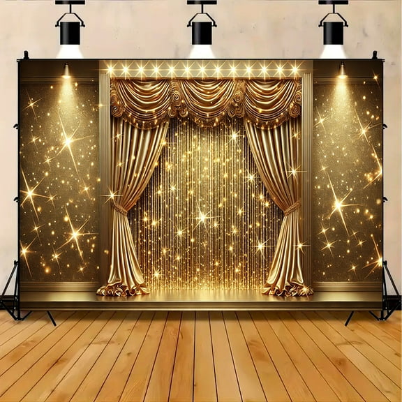 Golden Sparkling Curtain Backdrop Shimmering Curtain Theater Stage Photography Background Wedding Hall Golden Carpet Spotlight Celebrating Festival Party Decorations