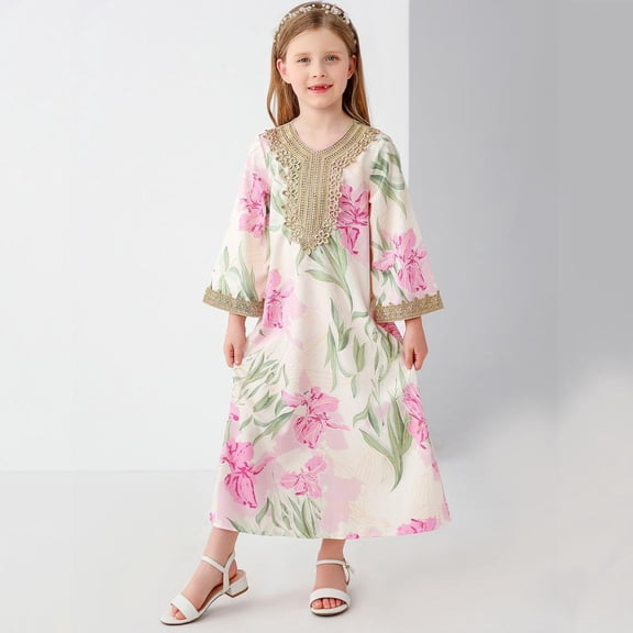 Bxsruta Girls Long Sleeve Ethnic Print Robe Dress for Kids Big Girls Casual Party Wear