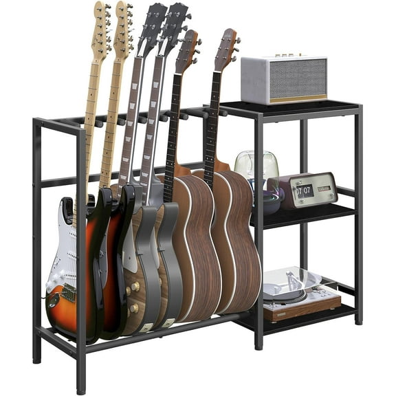 Guitar Stand, Guitar Holder for 5-6 String Instruments, Suitable for Acoustic Guitar, Bass, Guitar Rack with Side Shelves for Record Player, with Non-Slip Rubber Pads, Black