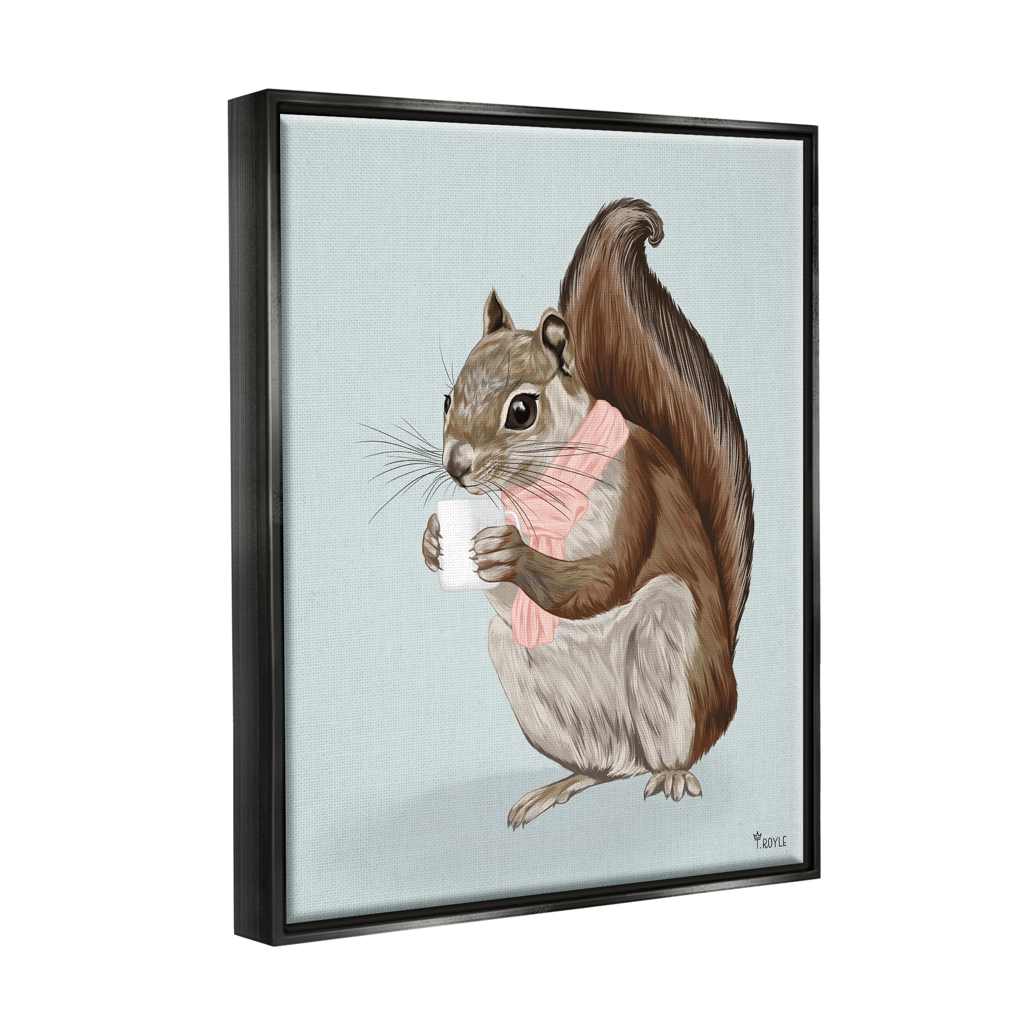 Stupell Industries Squirrel with Warm Mug Animals & Insects Painting Black Floater Framed Canvas Art Print Wall Art, 25 x 31