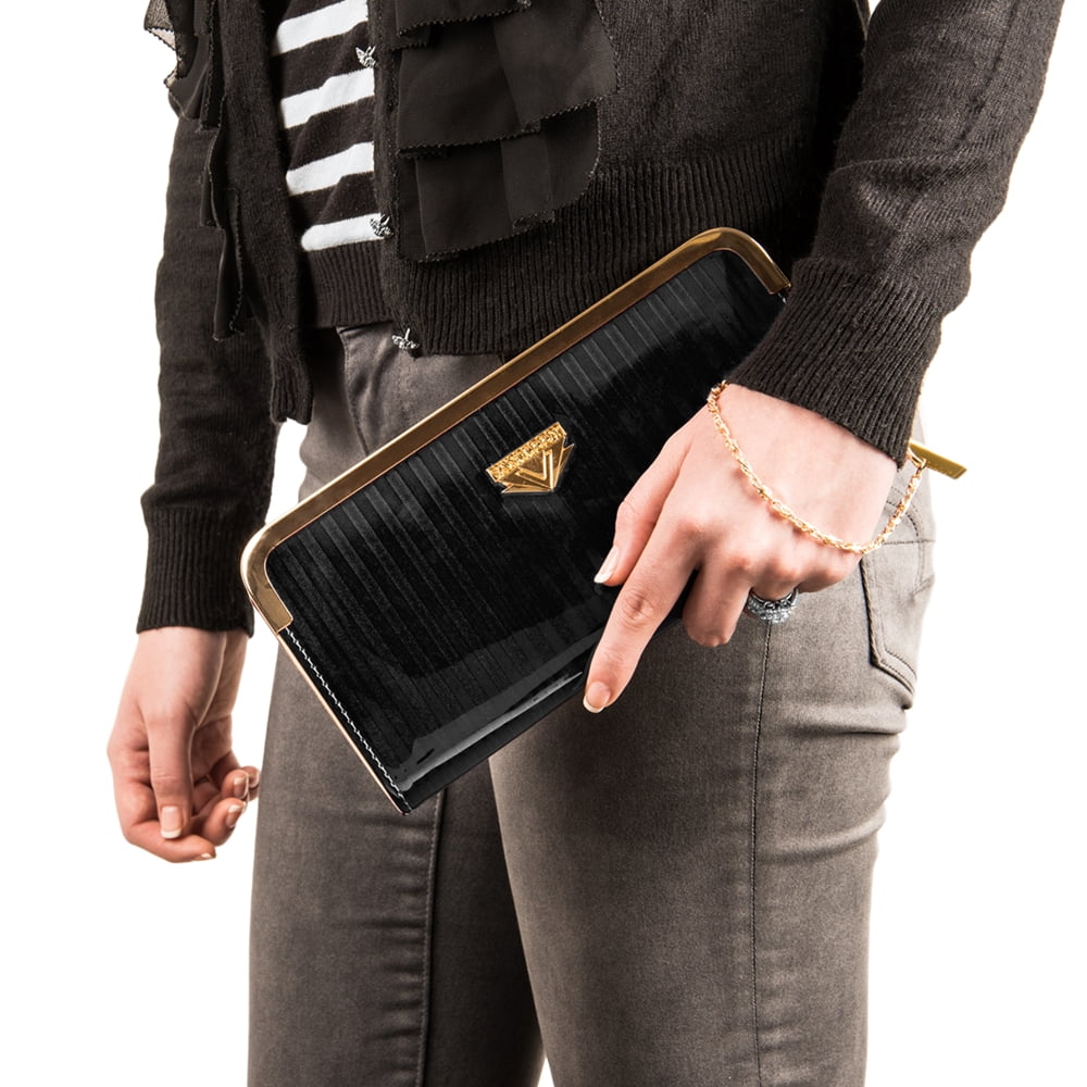 Women's Black Striped Patent Leather Wallet with Card Holder Organizers and Convertible Golden Chain Wristlet
