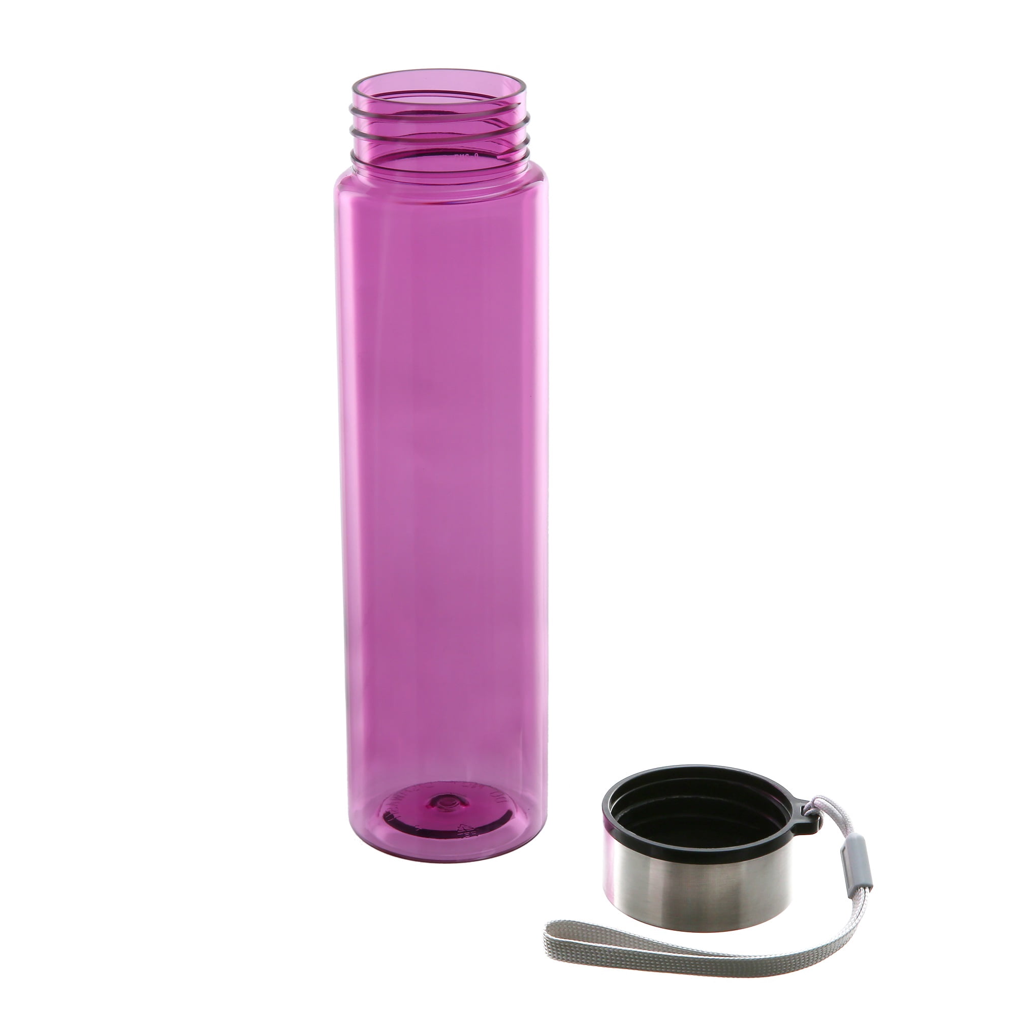 Mainstays 18 oz Plastic Purple Water Bottle Stainless Steel Screw Cap Lid with Strap, 1 Each Included