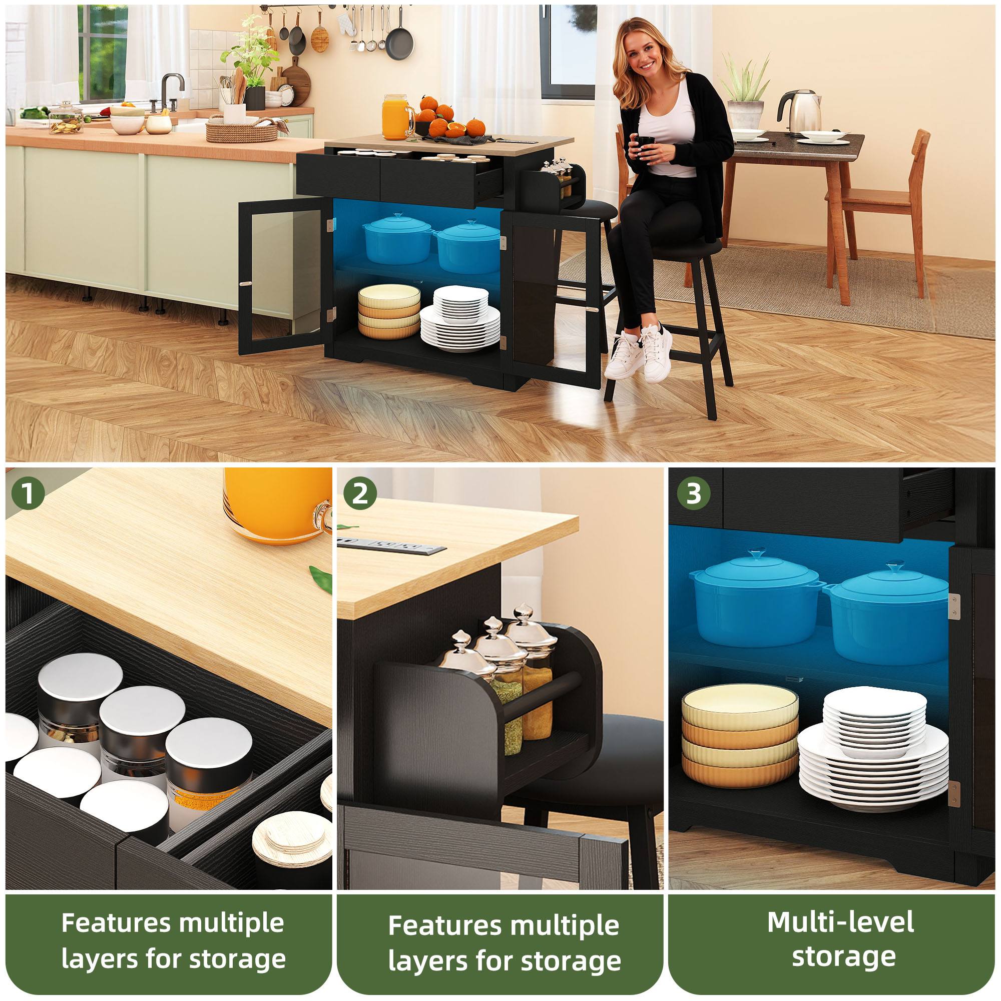 Uforic Kitchen Island Table with Drop Leaf & Seating, Rolling Kitchen Island with Power Outlets & Storage, Black