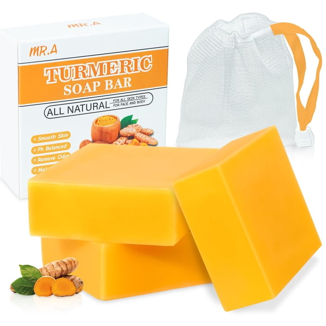 Mr.A 3 Paquetes De Barra De Jabón De Cúrcuma, Jabón De Cúrcuma Orgánico Para Cara Y Cuerpo, Jabón De Barra De Cúrcuma De Limón Con Vitamina C, E Para Todo Tipo De Piel, Jabón De Cúrcuma Para Suavizar