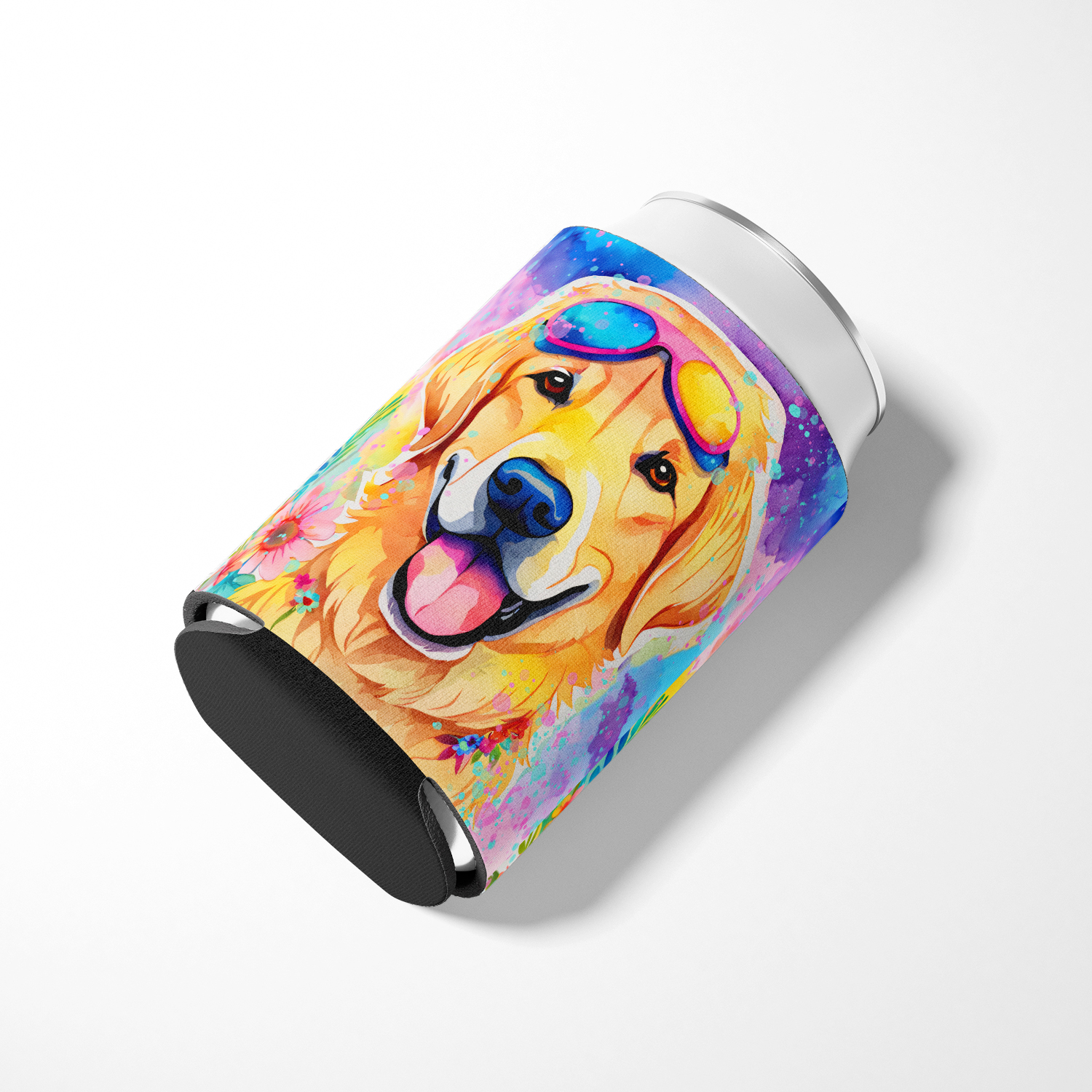 Yellow Labrador Hippie Dawg Can or Bottle Hugger 3 in x 5 in