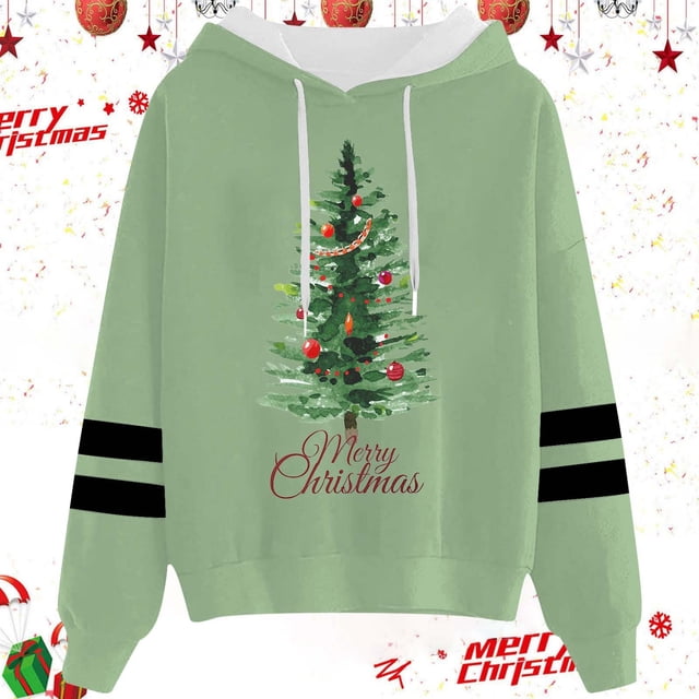 WILLBEST essentials Chandail à Capuchon pour Femmes et Hiver à la Mode Imprimé Arbre de Noël Chandail à Capuchon à Cordon Chandail à Capuchon stark industries