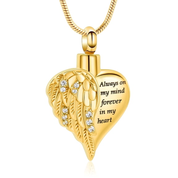 Heart Crystal Setting Wing Cremation Jewellery Urns For Ashes Keepsake Necklace Always on my mind forever in my heart