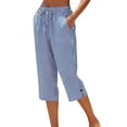 thumbnail image 3 of Striped Capri Pants for Women Loose Fit Straight Leg Cropped Pant Casual Summer Drawstring Elastic Waist Trousers Blue S, 3 of 7
