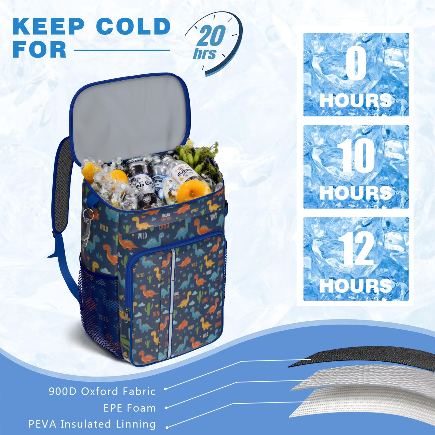 Travel Cooler Bag - Blue Dinosaurs with Clouds and Text Camping Beer Cooler Backpack with Bottle Opener- Waterproof Insulated Picnic Backpacks - Cooler Bag for Beach