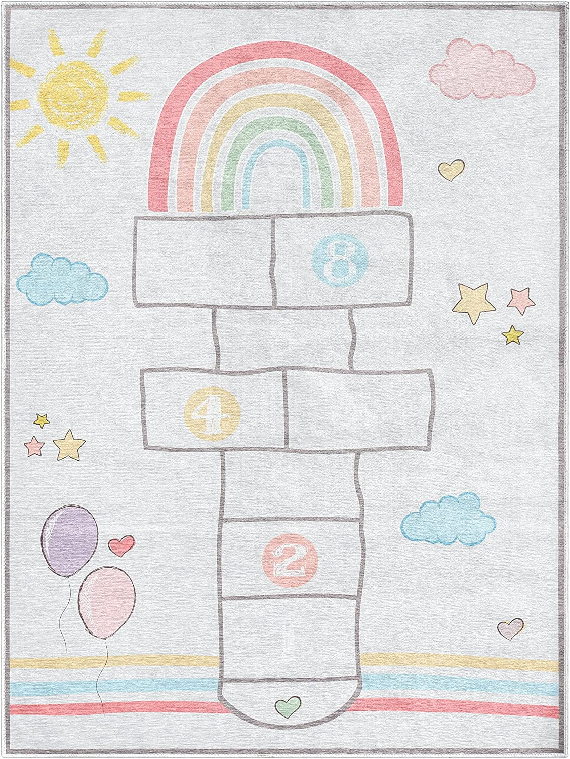 Well Woven Kids Rugs Hopscotch Modern Multi Beige Printed Distressed Machine Washable 3'3" x 5' Area Rug