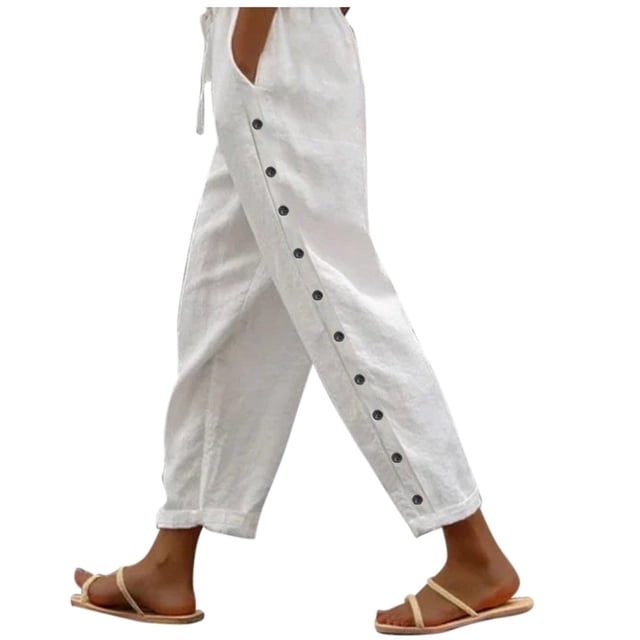 UJNDER Women's Solid Color Casual Pants Elastic Waist Loose Side Button Versatile Nine Point White S
