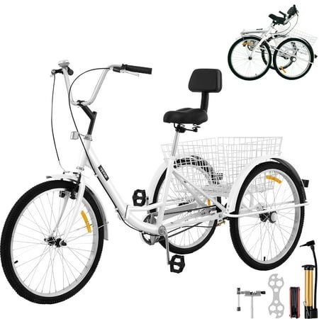VEVOR 24  Folding Adult Tricycle 1 Speed 3 Wheels Trike with Basket  White