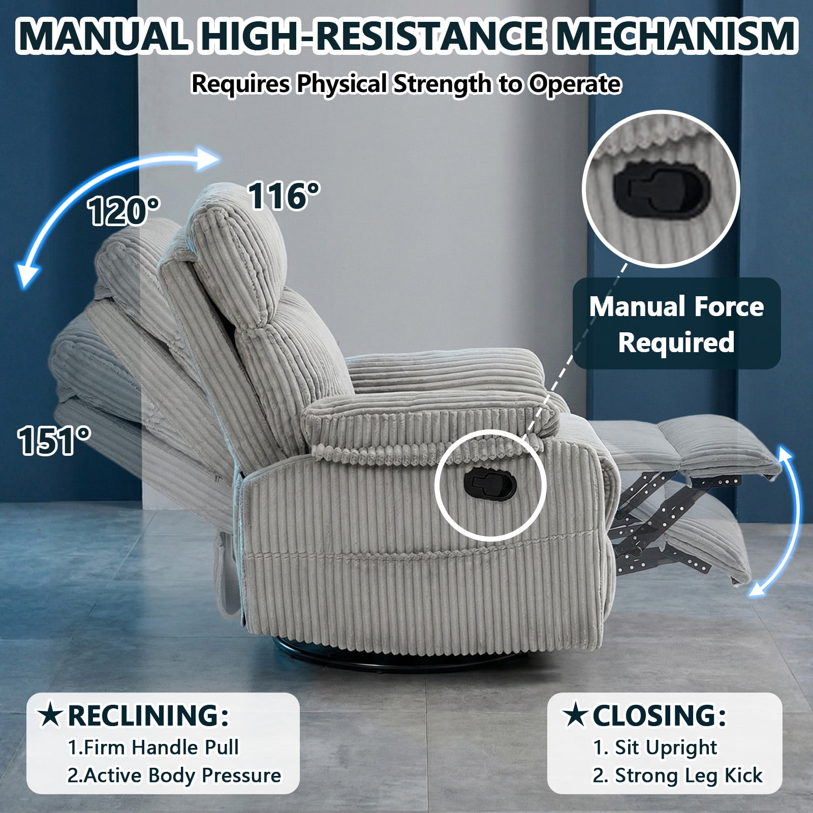 Leumius Swivel Recliner Chair,360° Swivel Rocker Chair for Living Room,Upholstered Nursery Glider Recliner Chair for Small Spaces,Manual Recliner for Adults for Home Theater,Light Gray