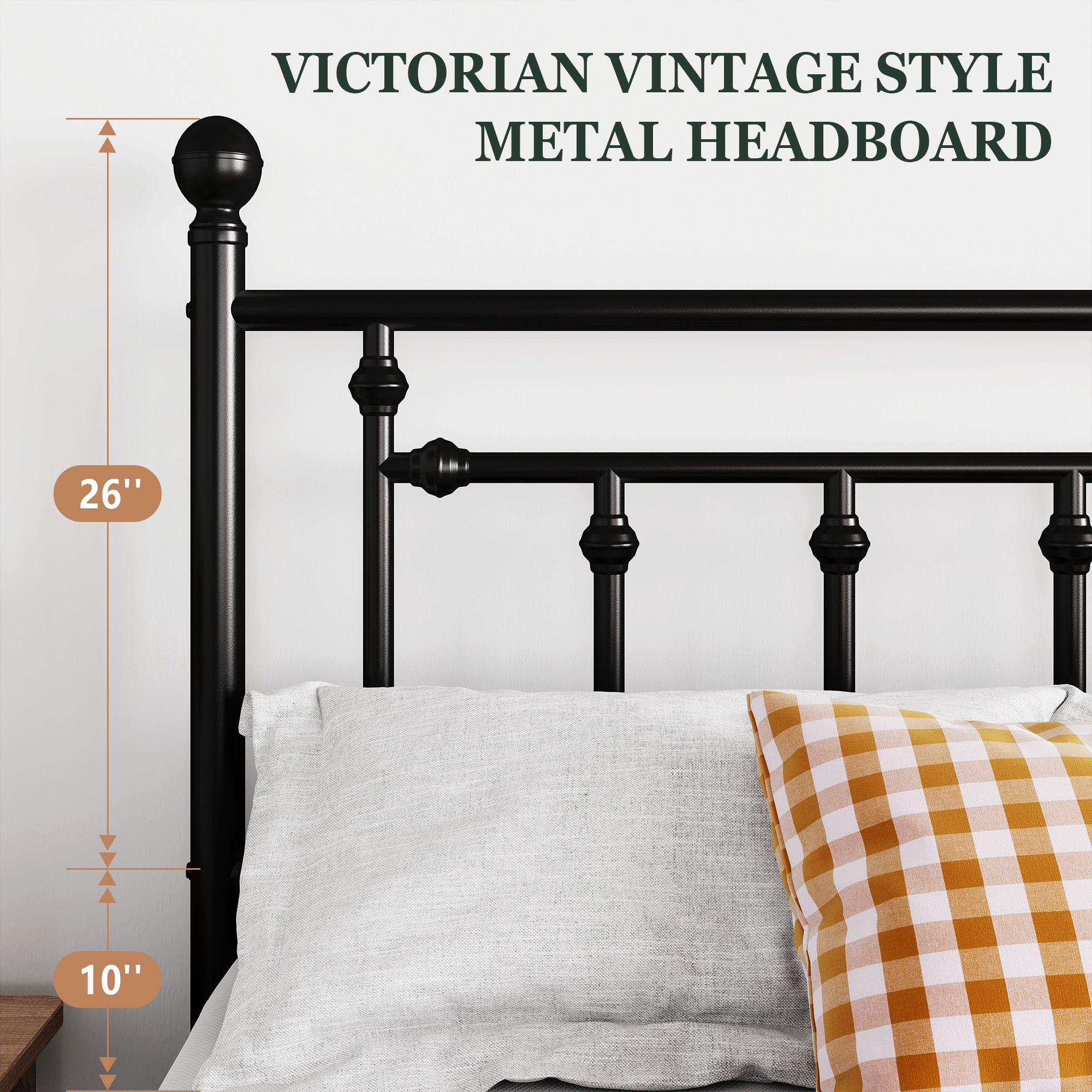Amolife Queen Bed Frame, Metal Platform Bed with Vintage Headboard & No Box Spring Needed, Black